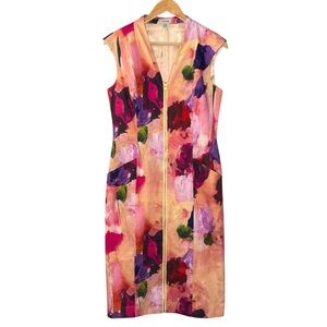 J. Peterman dress coral pink watercolor flower zip front cap sleeve midi size 8